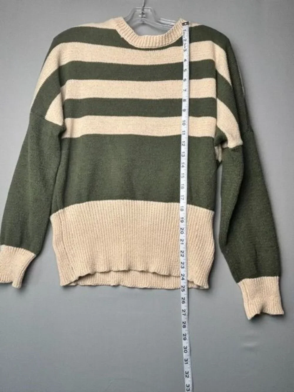 Doe and Rae Women's Green Cream Striped Knit Sweater M Criss Cross Back